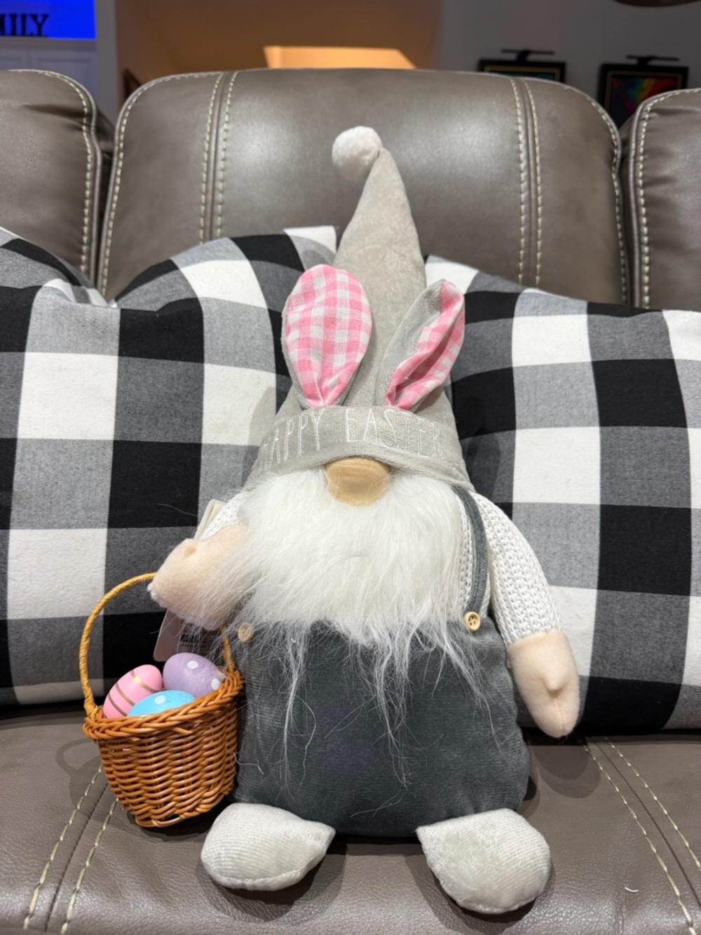Rae Dunn Gray & Pink Bunny-Ear Gnome with Easter Basket